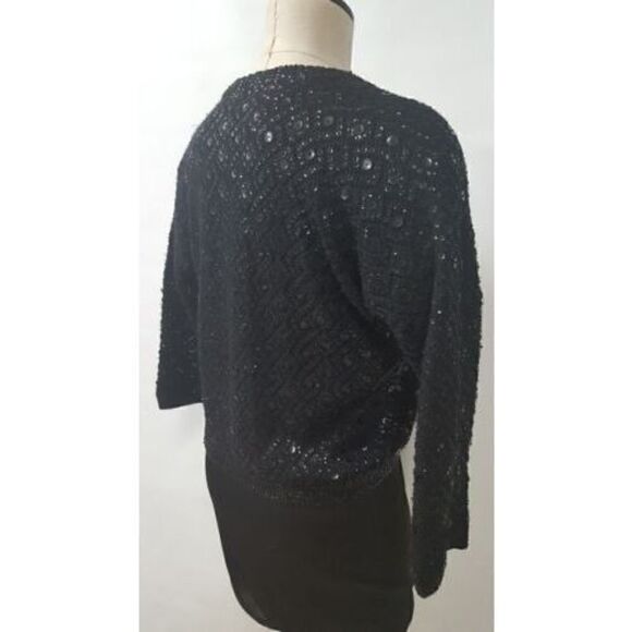 Cyn Les Short Black V Neck Sweater size 36 US Small Sequins Lined 3/4 Sleeve Vtg - Picture 8 of 9